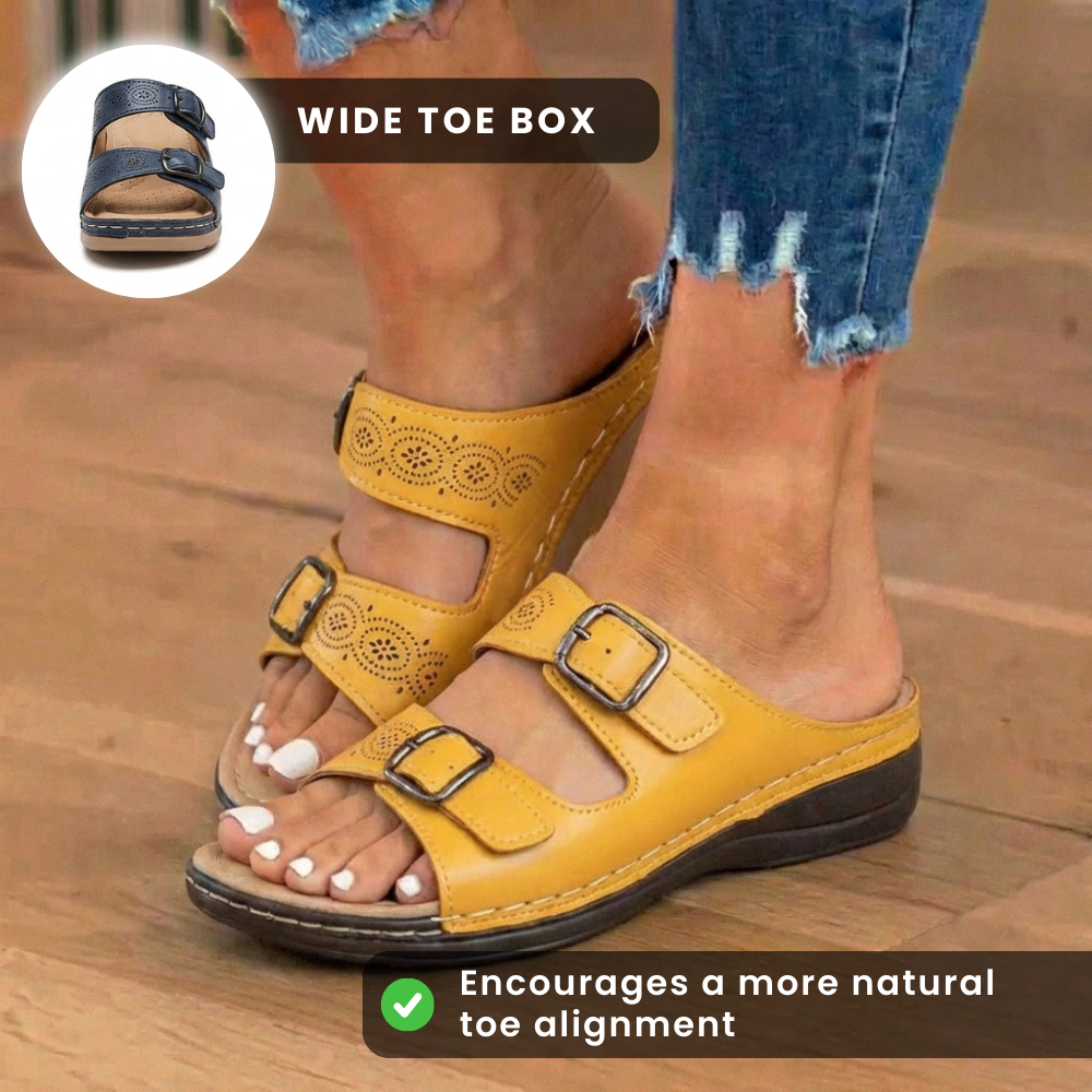 🔥 Last Day: 50% OFF 🔥 Orthopedic Genuine Leather Platform Slides — Double-Buckle Cutout Design