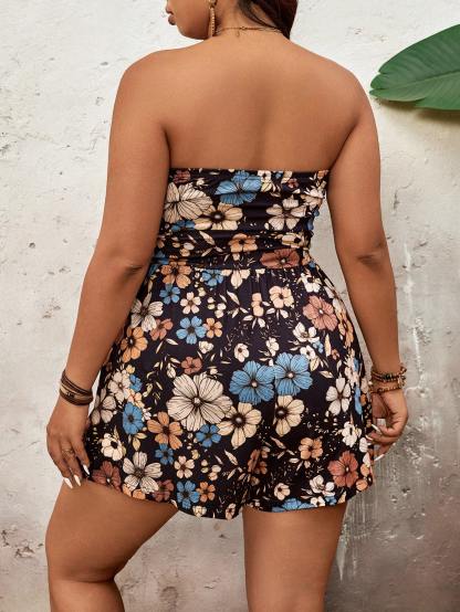 SHEIN VCAY Plus Size Floral Print Jumpsuit Beach Vacation Outfits Overalls Women Country