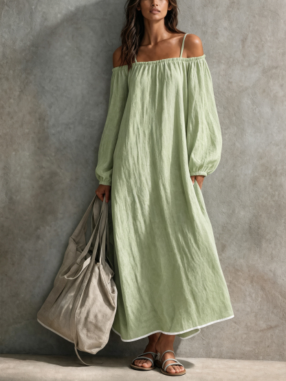 Women's Casual Light Grey-blue Cotton-linen Maxi Dress With Spaghetti Straps, Off-shoulder Design, And Long Sleeves MDZ0266G4LXY