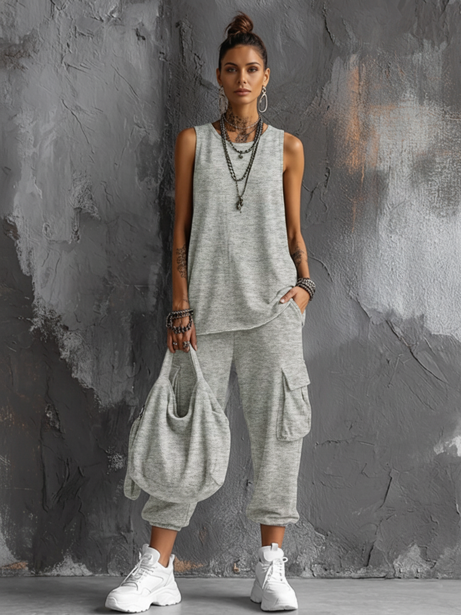 Women's Casual Style Dark Gray Cotton Blend Sleeveless Top + Jogger Cargo Pants Set