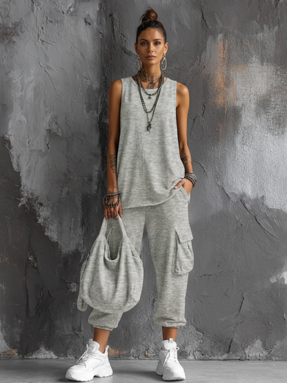 Women's Casual Style Dark Gray Cotton Blend Sleeveless Top + Jogger Cargo Pants Set
