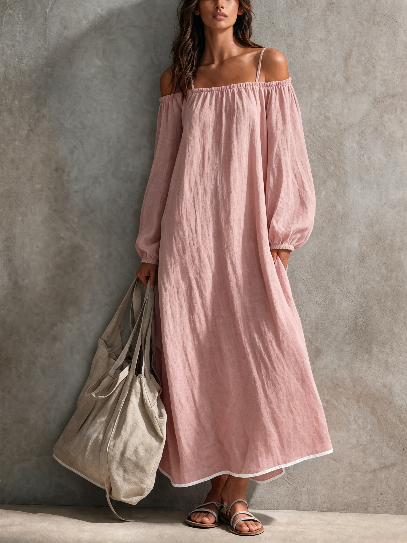 Women's Casual Light Grey-blue Cotton-linen Maxi Dress With Spaghetti Straps, Off-shoulder Design, And Long Sleeves MDZ0266G4LXY