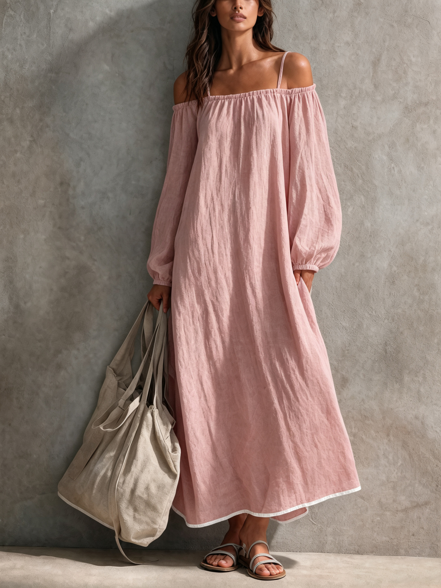 Women's Casual Light Grey-blue Cotton-linen Maxi Dress With Spaghetti Straps, Off-shoulder Design, And Long Sleeves MDZ0266G4LXY