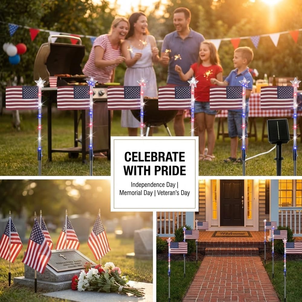 🔥Last Day: 49% OFF🔥8 Solar American Flag Pathway Lights – Red, White & Blue Yard Glow for 250th Independence Celebration 🇺🇸✨