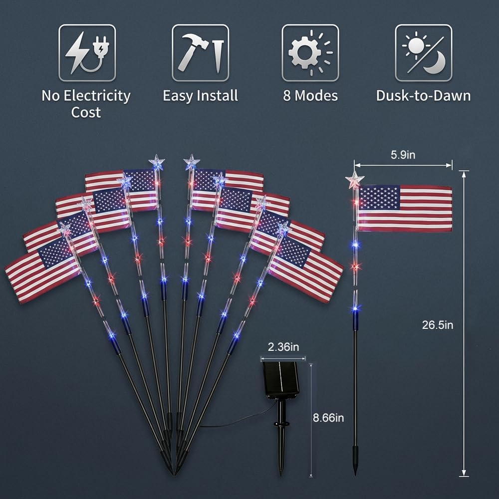 🔥Last Day: 49% OFF🔥8 Solar American Flag Pathway Lights – Red, White & Blue Yard Glow for 250th Independence Celebration 🇺🇸✨