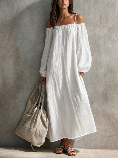 Women's Casual Light Grey-blue Cotton-linen Maxi Dress With Spaghetti Straps, Off-shoulder Design, And Long Sleeves MDZ0266G4LXY