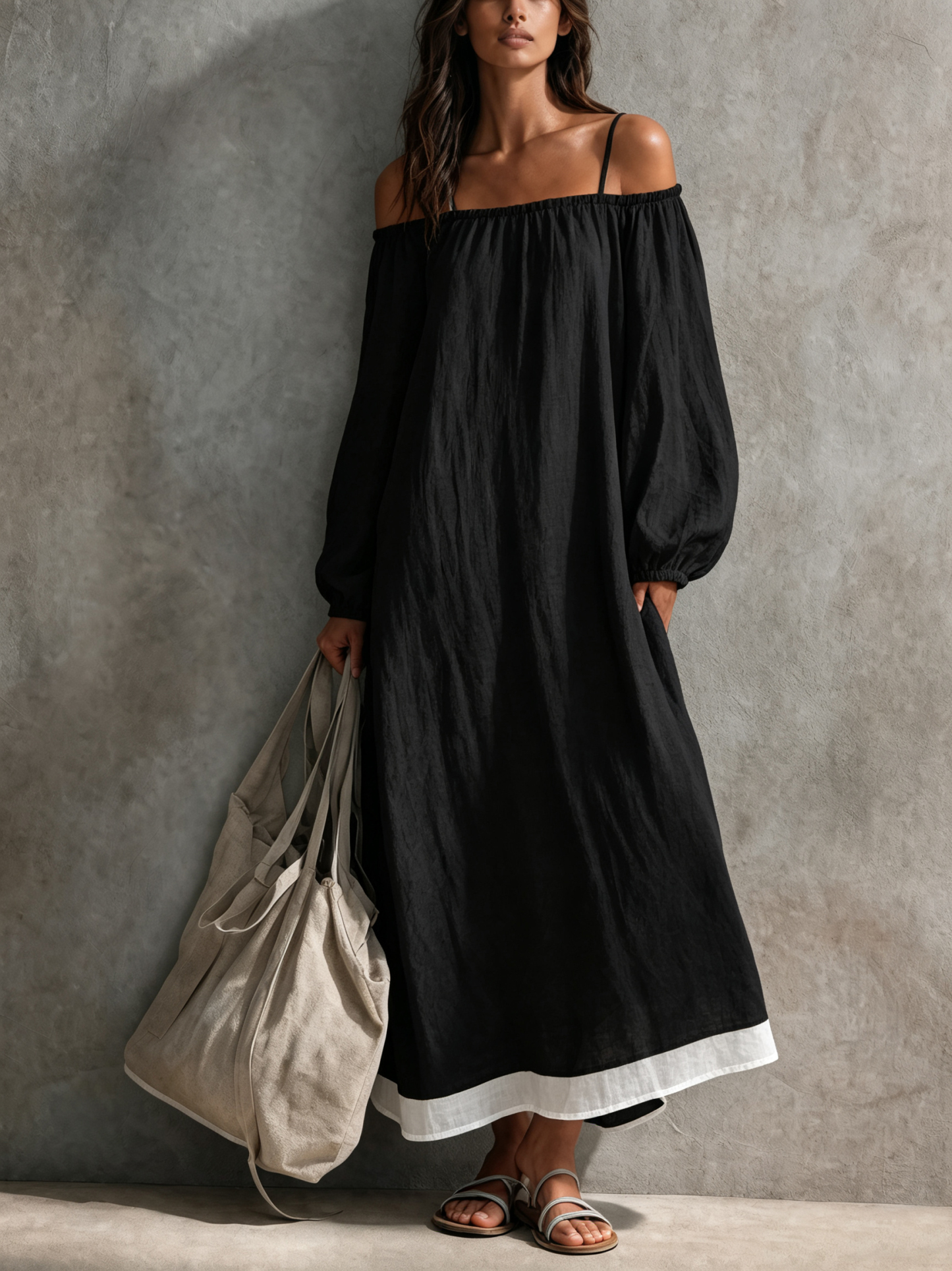 Women's Casual Light Grey-blue Cotton-linen Maxi Dress With Spaghetti Straps, Off-shoulder Design, And Long Sleeves MDZ0266G4LXY