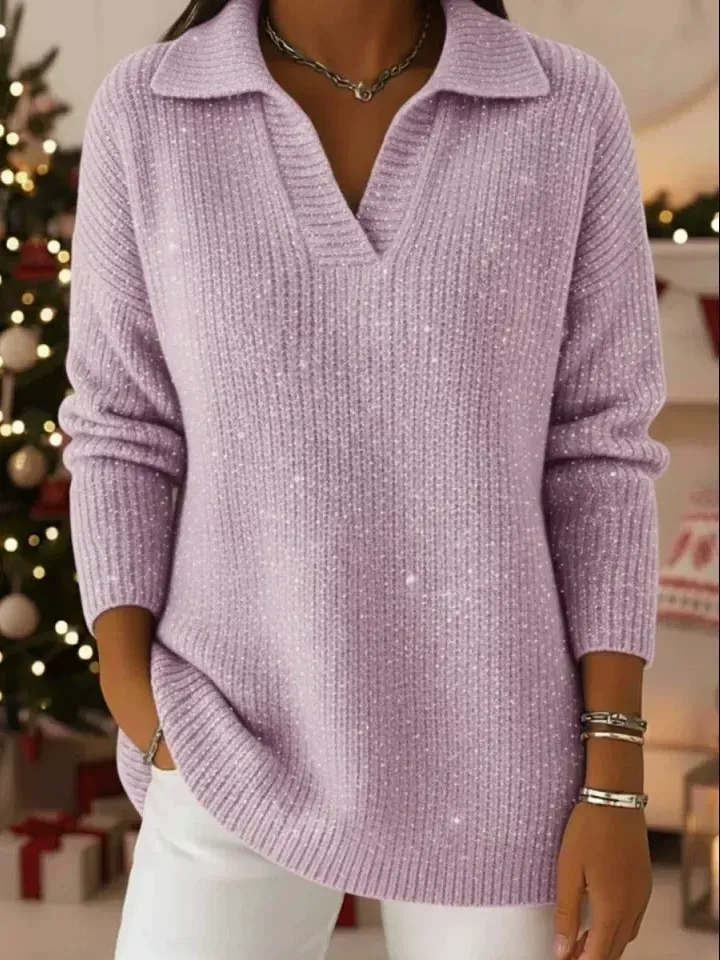 🎄 New Arrivals🔥 Christmas Party Polo Collar Shiny Loose Sweater Top