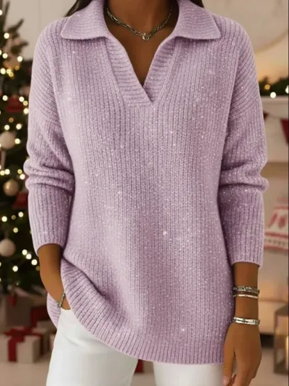 🎄 New Arrivals🔥 Christmas Party Polo Collar Shiny Loose Sweater Top