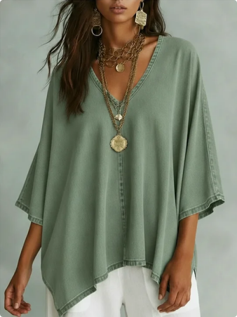 Women’s Relaxed V-Neck Chambray Blouse – Loose Fit & Plus-Size Friendly