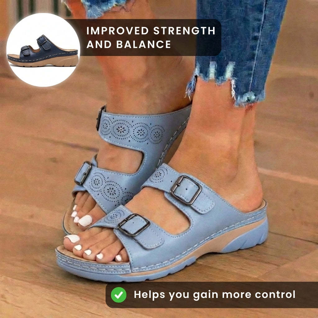🔥 Last Day: 50% OFF 🔥 Orthopedic Genuine Leather Platform Slides — Double-Buckle Cutout Design