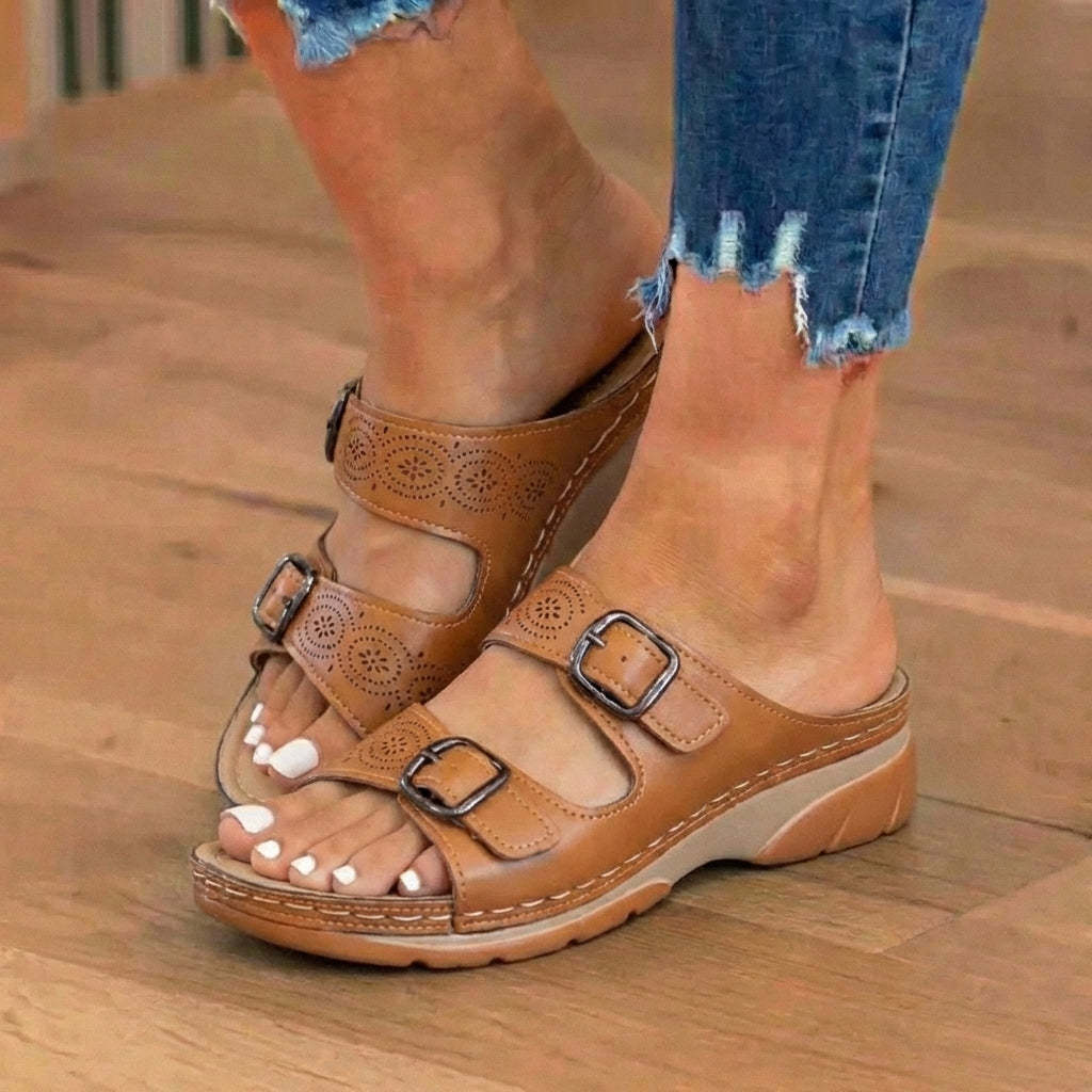 🔥 Last Day: 50% OFF 🔥 Orthopedic Genuine Leather Platform Slides — Double-Buckle Cutout Design