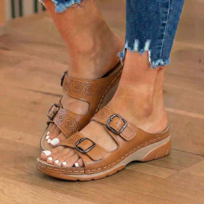 🔥 Last Day: 50% OFF 🔥 Orthopedic Genuine Leather Platform Slides — Double-Buckle Cutout Design