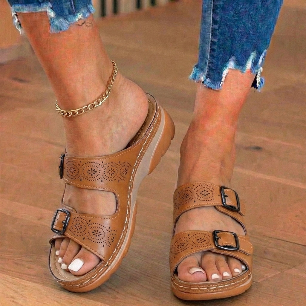 🔥 Last Day: 50% OFF 🔥 Orthopedic Genuine Leather Platform Slides — Double-Buckle Cutout Design