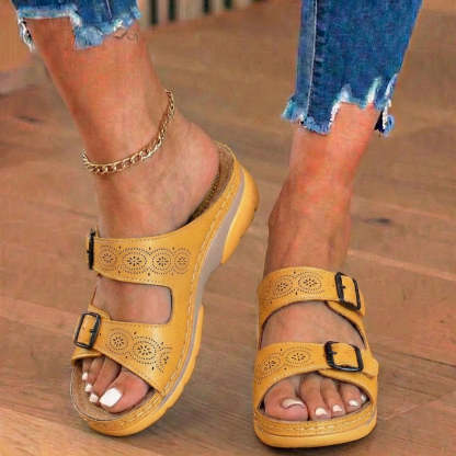 🔥 Last Day: 50% OFF 🔥 Orthopedic Genuine Leather Platform Slides — Double-Buckle Cutout Design
