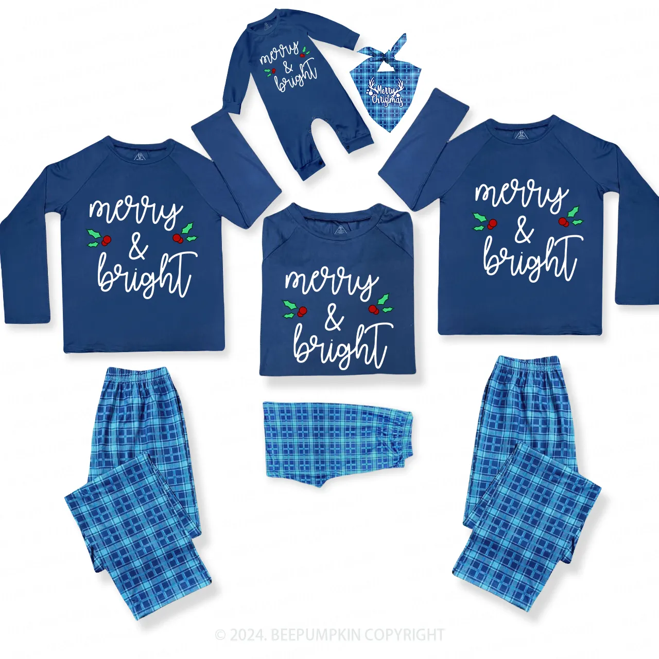 Merry&Bright Christmas Family Matching Blue Pajamas Beepumpkin