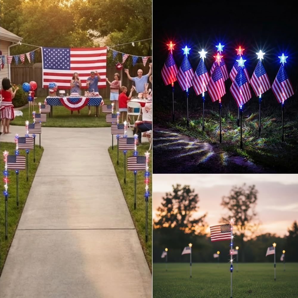 🔥Last Day: 49% OFF🔥8 Solar American Flag Pathway Lights – Red, White & Blue Yard Glow for 250th Independence Celebration 🇺🇸✨