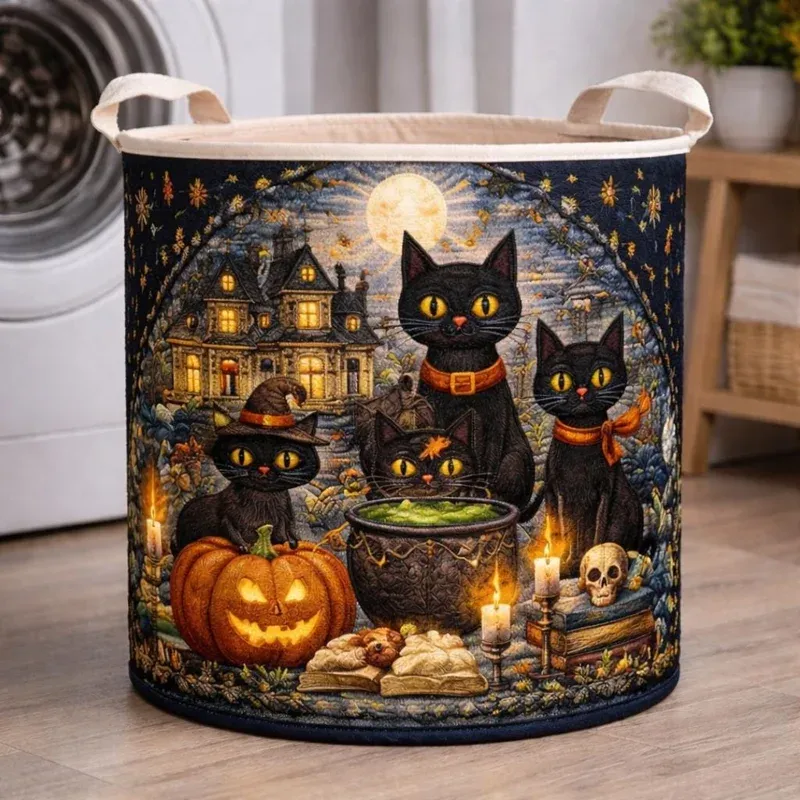 Halloween Black Cat Laundry Basket, Spooky Gothic Laundry Hamper Storage Bin, Witchy Laundry Room Decor