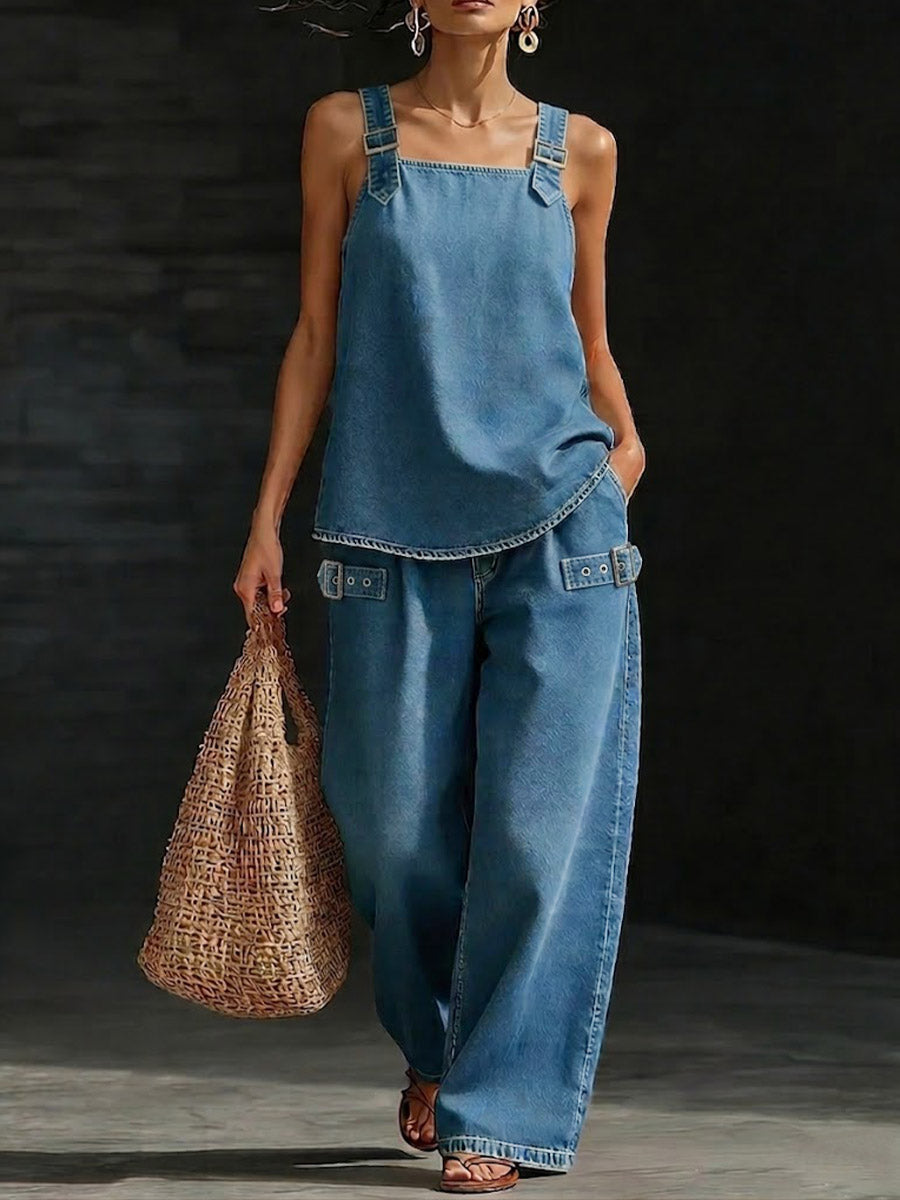 Women's Casual Denim Set: Square-neck Sleeveless Loose-fit Top & High-waisted Wide-leg Pants