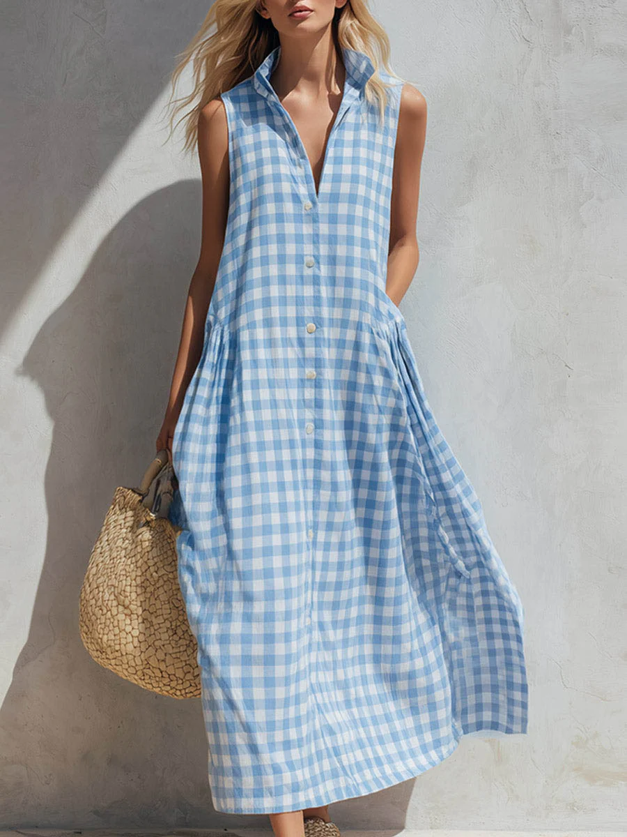 Women's Plaid-print V-neck Sleeveless Casual Loose Cotton-linen Dress