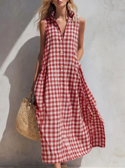 Women's Plaid-print V-neck Sleeveless Casual Loose Cotton-linen Dress