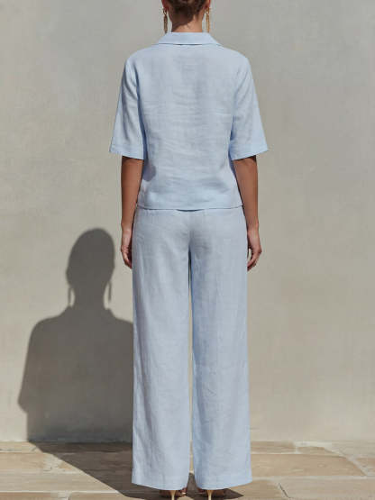 Women's Solid-color Cotton & Linen Set: V-neck Short-sleeve Loose-fit Top And High-waisted Wide-leg Pants