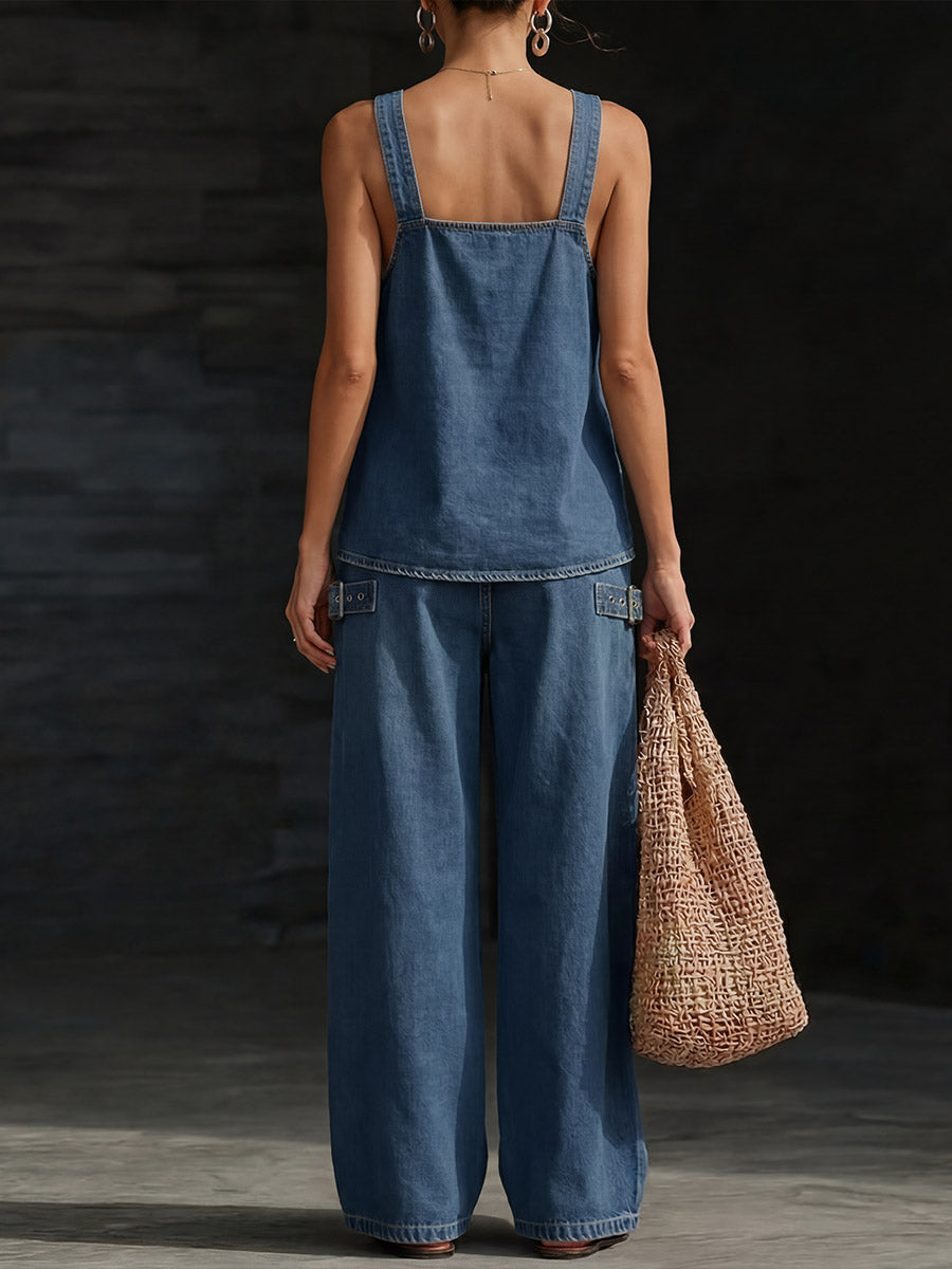 Women's Casual Denim Set: Square-neck Sleeveless Loose-fit Top & High-waisted Wide-leg Pants