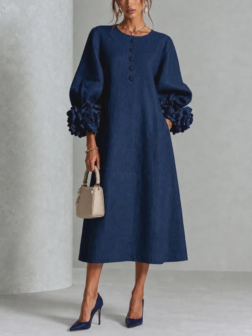 Chic Chambray Denim 3D Rosette Sleeve Midi Dress