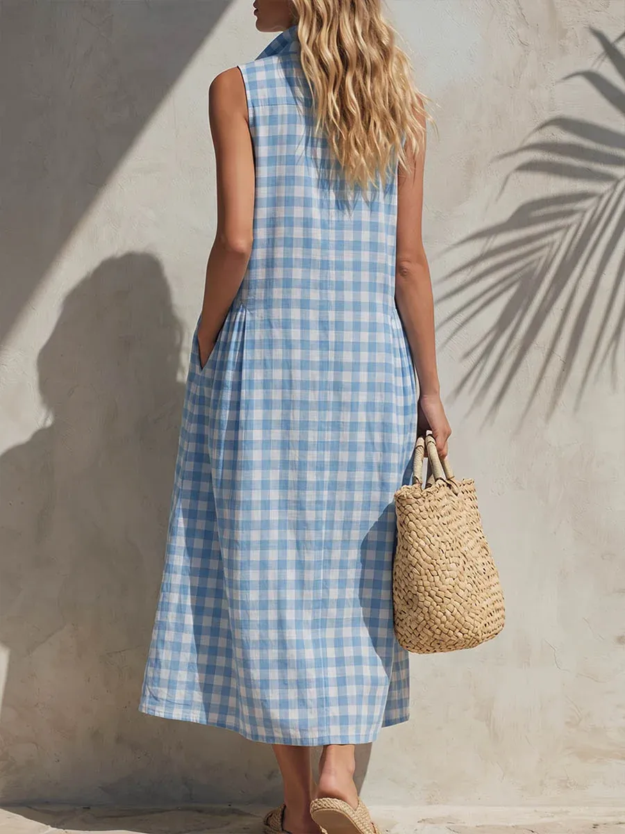 Women's Plaid-print V-neck Sleeveless Casual Loose Cotton-linen Dress