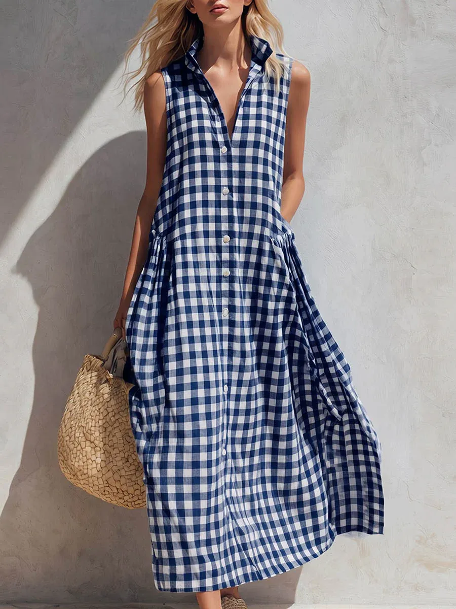 Women's Plaid-print V-neck Sleeveless Casual Loose Cotton-linen Dress