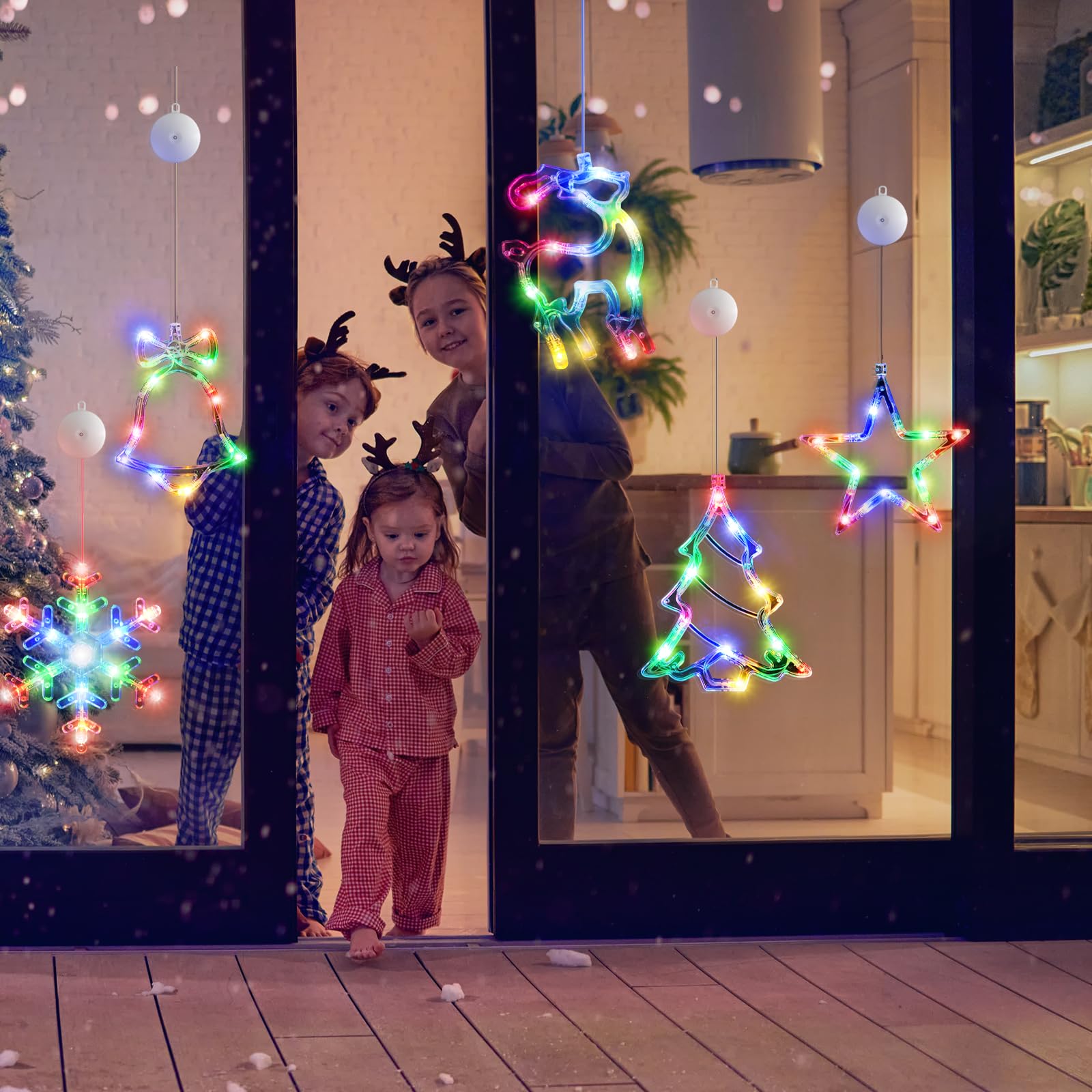 🎅5 bucăți decorațiuni pentru fereastră de Crăciun, agățat de Crăciun alimentat cu baterie, fulg de zăpadă iluminat multicolor, copac, stea, clopote, cu LED, pentru decorarea interioară a șemineului pentru pomul de Crăciun