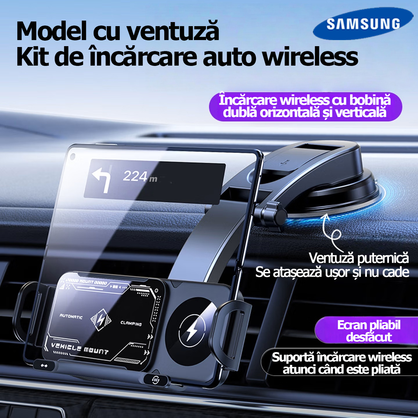 Suport auto Samsung cu control vocal inteligent prin inteligență artificială Rotație automată 3 în 1 · Recunoaștere inteligentă prin inteligență artificială · Legătură WiFi wireless · Încărcare rapidă wireless Compatibil cu telefoane / ecrane pliabile / t