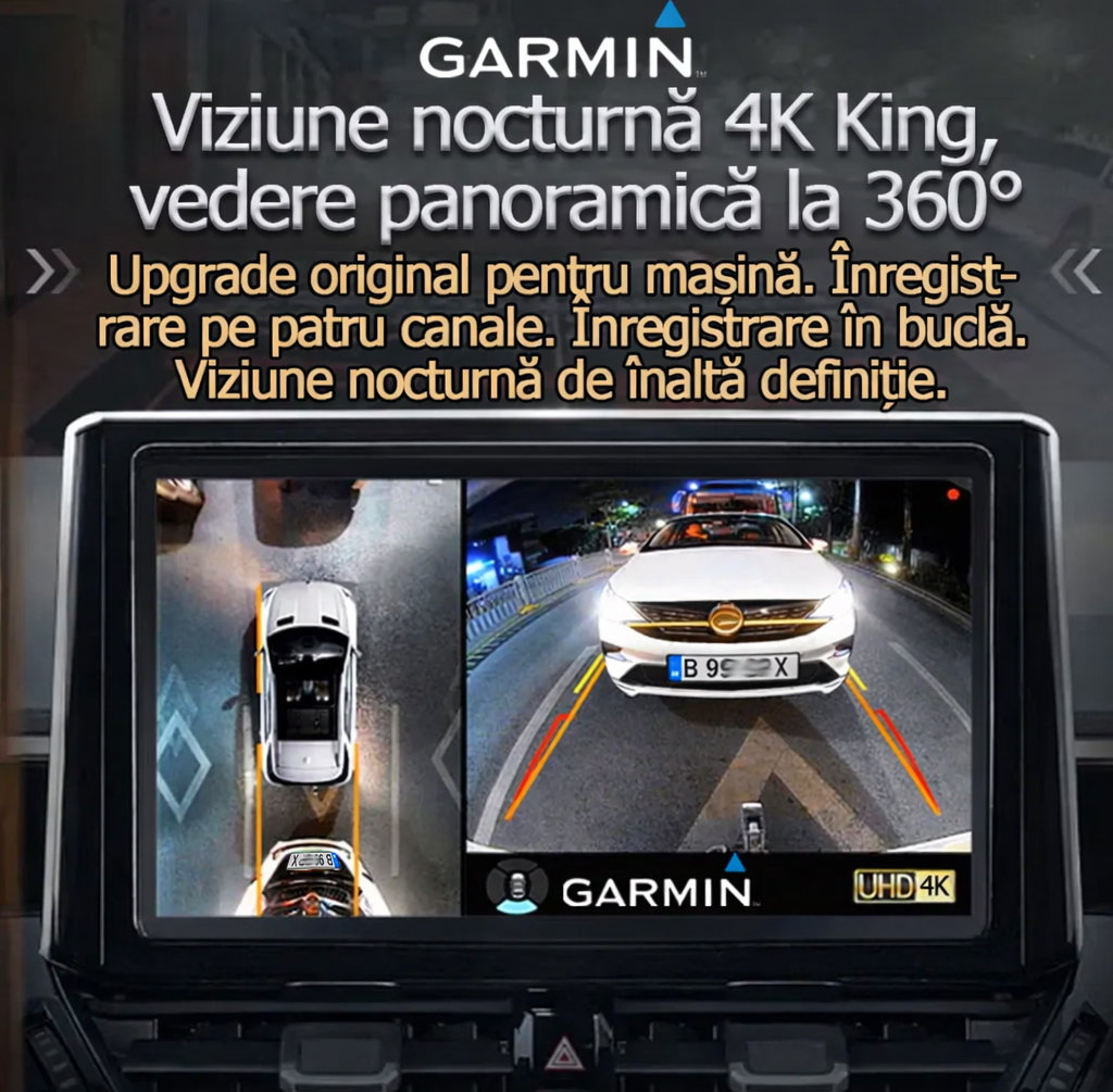 Sistem de imagistică panoramică Garmin 360° pentru mașini: Cameră de mers înapoi, Cameră de bord cu patru canale, Cameră panoramică de înaltă definiție, Unitate multifuncțională, Viziune nocturnă 4K, Imagistică completă a vehiculului la 360°, Monitorizare