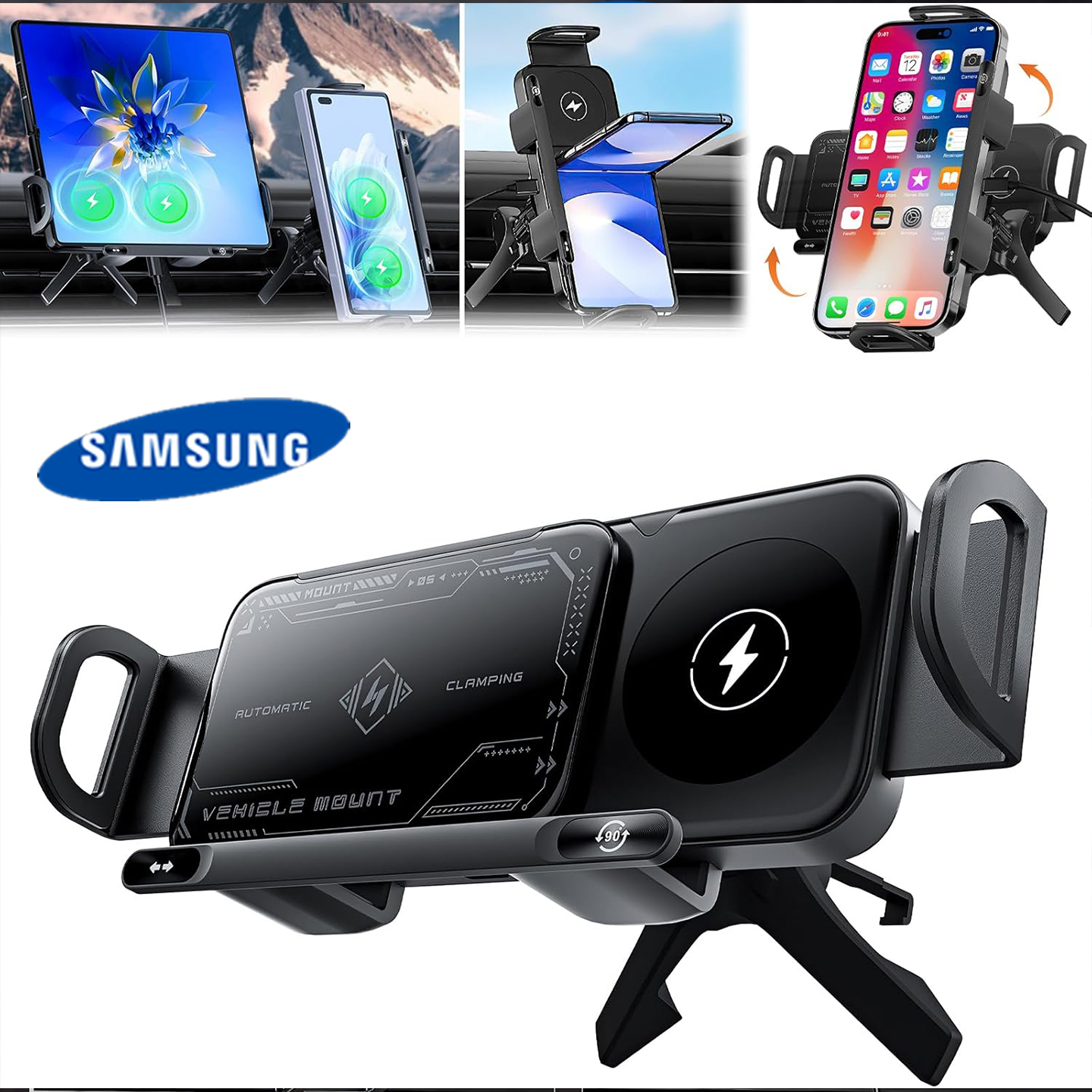 Suport auto Samsung cu control vocal AI, rotație automată 3 în 1, recunoaștere AI, WiFi wireless, încărcare wireless rapidă și compatibilitate cu telefoane/telefoane pliabile/tablete.