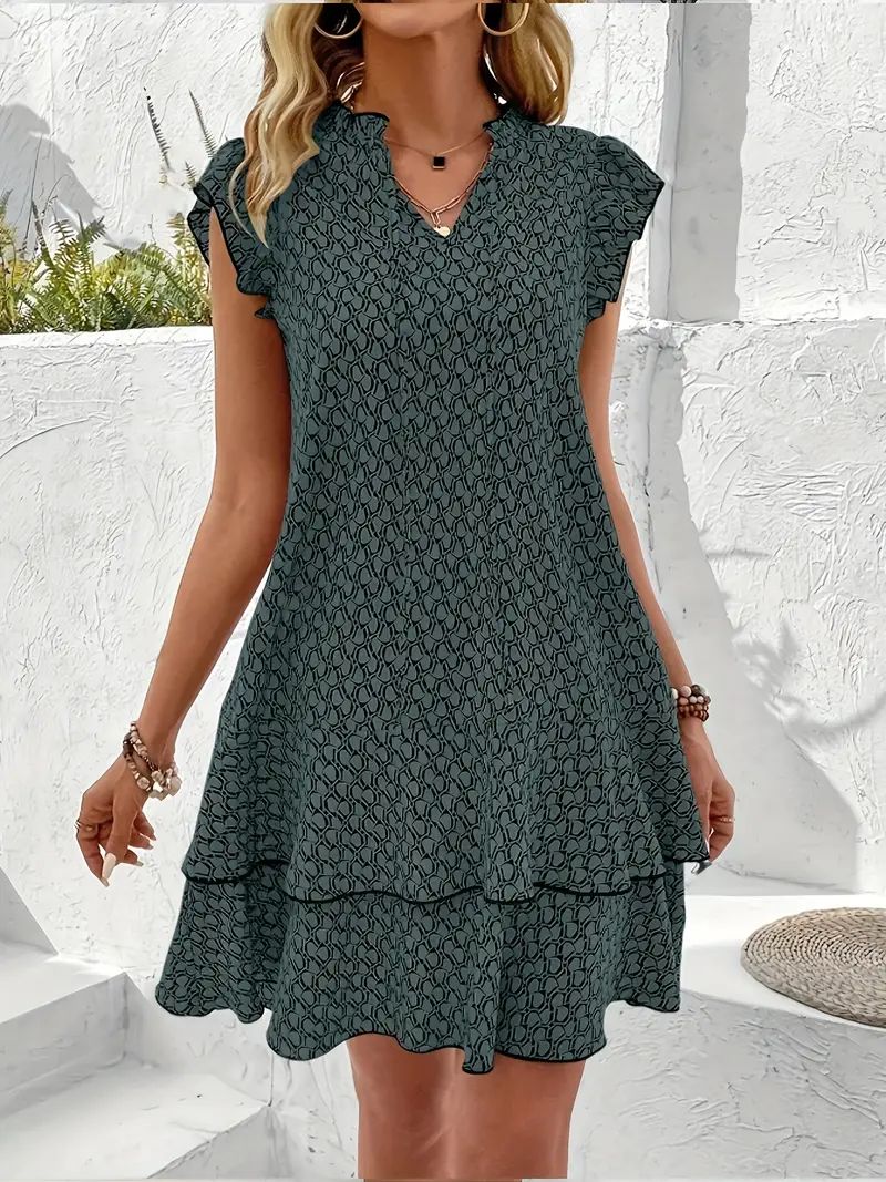 Rochie imprimată Vibrant Bow Tie - Mâneci scurte elegante, tiv stratificat cu volane, design elegant, decolteu reglabil - Perfect pentru primăvara / sezonul de vară, doamnelor chic purta!