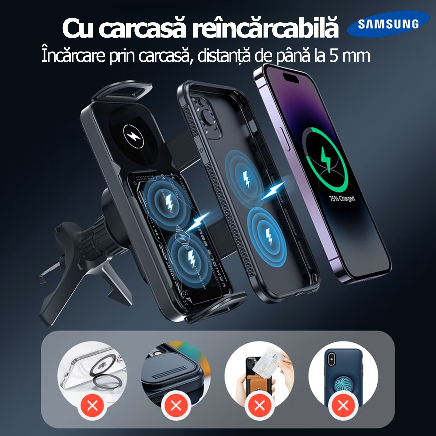 Suport auto Samsung cu control vocal inteligent prin inteligență artificială Rotație automată 3 în 1 · Recunoaștere inteligentă prin inteligență artificială · Legătură WiFi wireless · Încărcare rapidă wireless Compatibil cu telefoane / ecrane pliabile / t