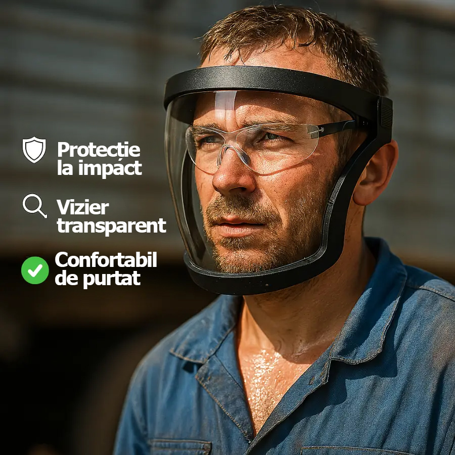 Viziera protejează fața, ochii și căile respiratorii în timpul lucrului.