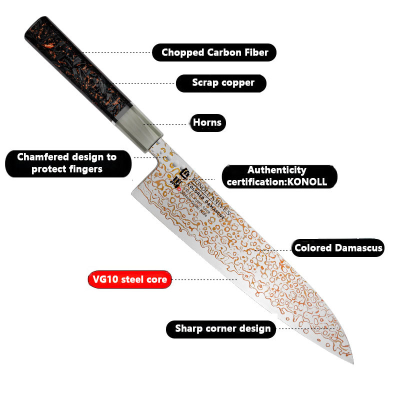 Cuțit personalizat de cupru Damasc VG10 Set de cuțite pentru sushi cuțit japonez - Cuțit de bucătărie cu mâner din cupru zdrobit din fibră de carbon din rășină