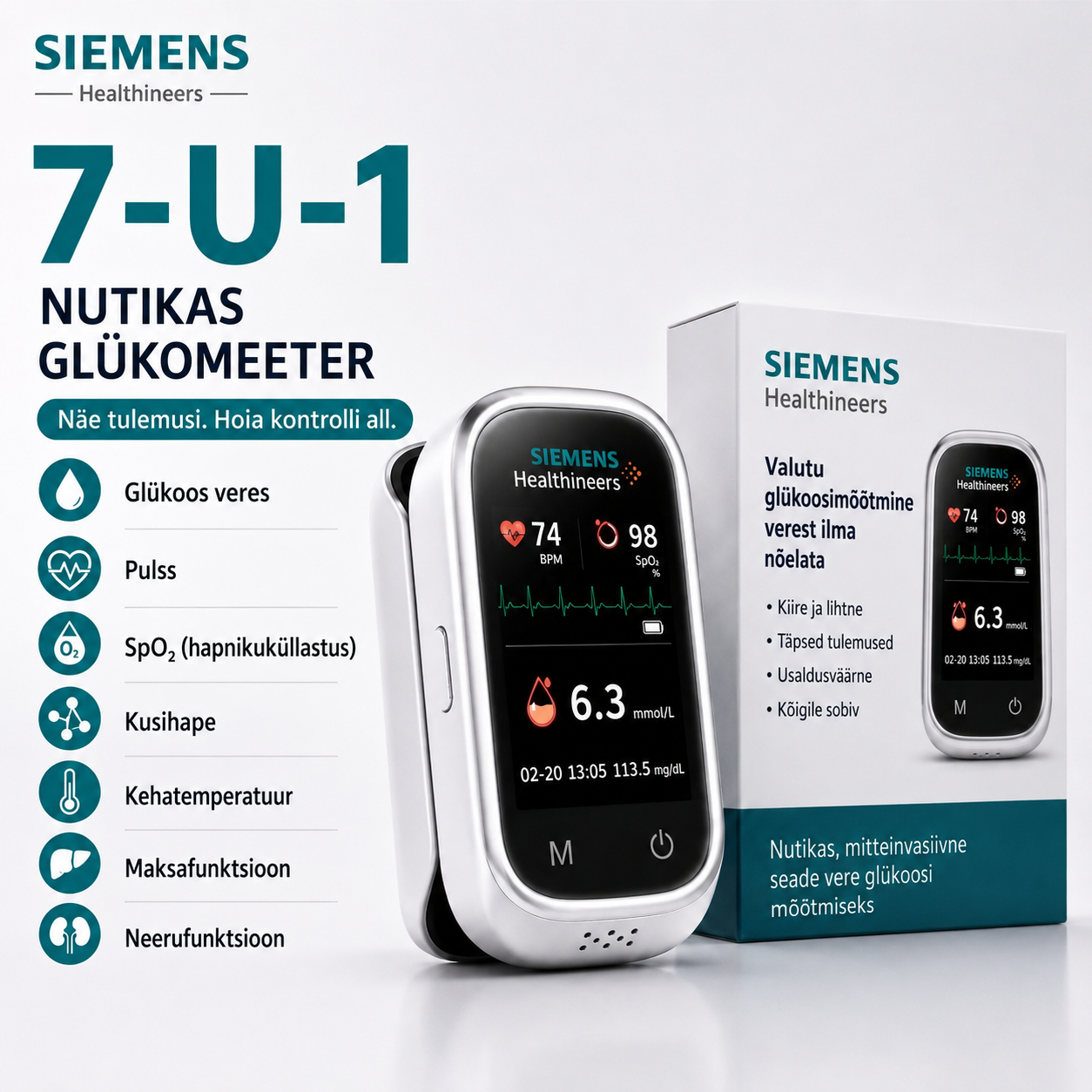 Siemens™ 11-v-1 merilnik glukoze v krvi brez igle • Ni potrebno vbodenje • Ni potrebnih testnih lističev • Rezultati v samo 5 sekundah