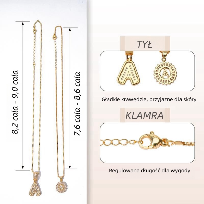 Naszyjnik z inicjałem – regulowana długość łańcuszka 17-19 cali (43-48 cm) dla idealnego dopasowania.Solidne zapięcie typu klamra – zabezpiecza naszyjnik przed zgubieniem.Detale tyłu wisiora – polerowany i wygodny dla codziennego noszenia
