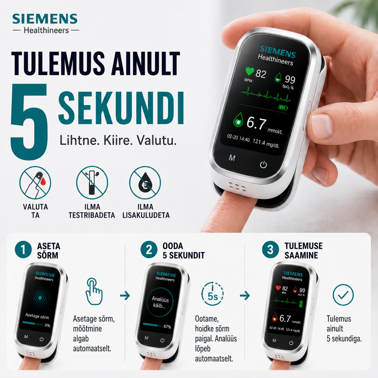 Siemens™ 11-v-1 merilnik glukoze v krvi brez igle • Ni potrebno vbodenje • Ni potrebnih testnih lističev • Rezultati v samo 5 sekundah