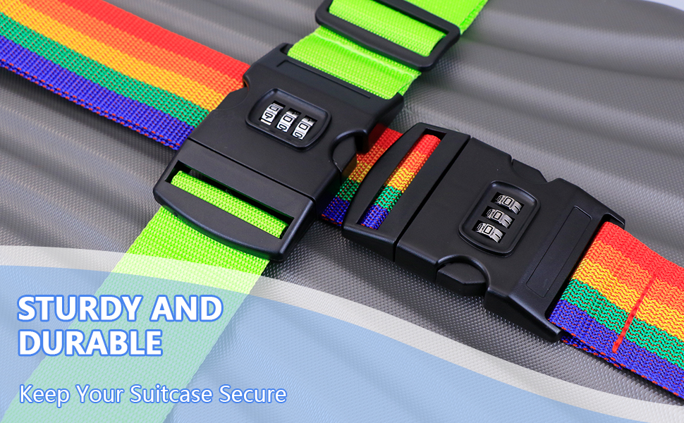Rainbow-colored luggage strap with two combination locks. Text overlay reads 'Sturdy and Durable' and 'Keep Your Suitcase Secure'.