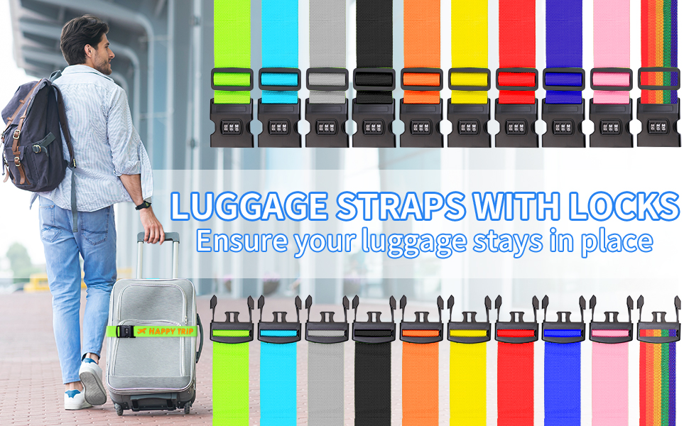 Colorful luggage straps with built-in locks displayed in multiple colors including neon green, blue, black, orange, yellow, red, and purple. Person with suitcase demonstrating usage.