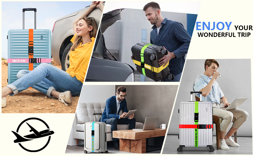 Collage of luggage use scenarios: people with suitcases near a vehicle, sitting on beach, in office, and child with colorful luggage straps.