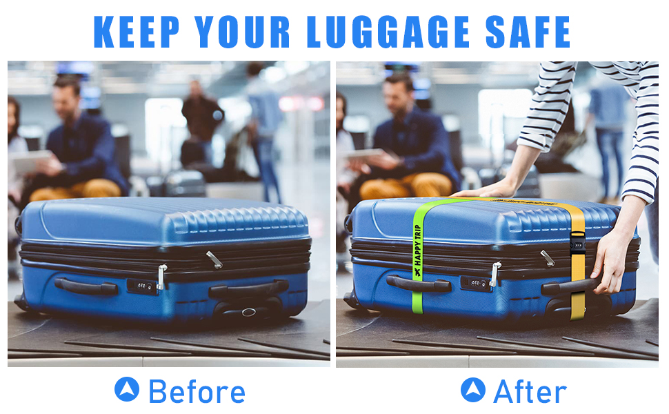 Before and after comparison of luggage security, showing blue suitcases with and without protective straps at an airport setting.