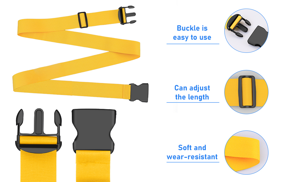 Yellow adjustable strap with black buckle closure, featuring easy-to-use design, length adjustment capability, and soft wear-resistant material.