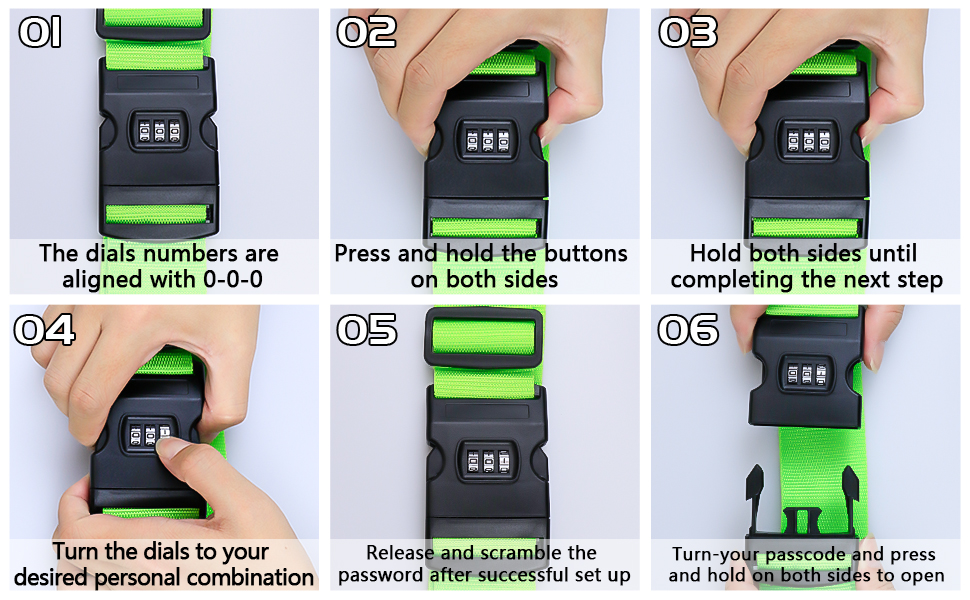 Six-step instruction guide for operating a green and black combination lock, showing hand positions and dial adjustment steps.
