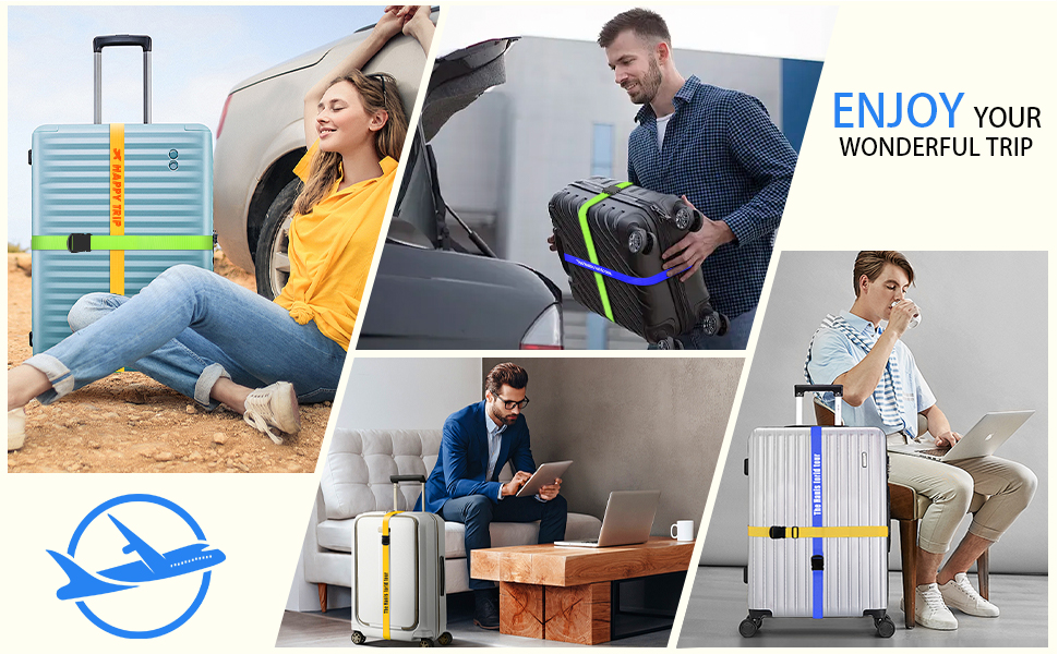 Collage showing luggage use scenarios: people with suitcases at airport, traveling, and handling modern wheeled luggage.