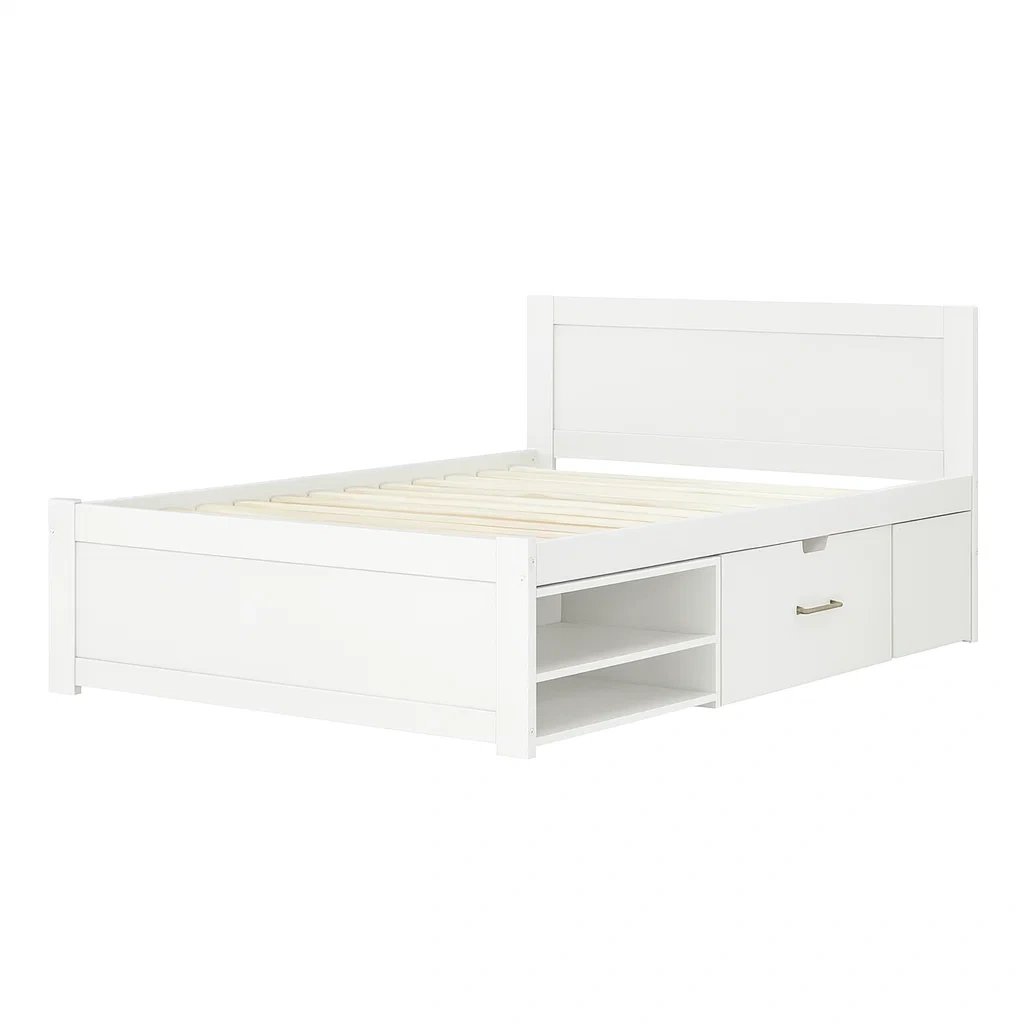 Letto contenitore in Legno Bianco con Cassetto e Ripiani-SOFENERA