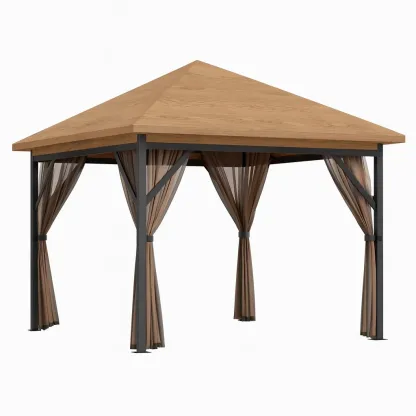 Gazebo in Metallo con Tetto in Legno e Tende in Poliestere Marrone-SOFENERA